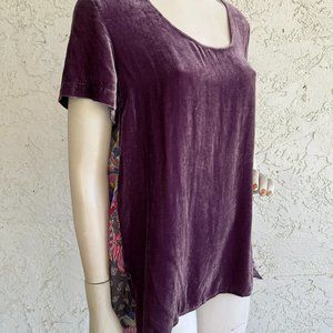 JOHNNY WAS Top Purple Velour Floral Silk Back Oversized Tunic Boho Size XS